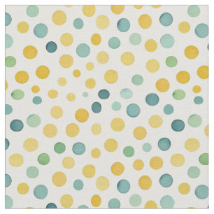 Green and yellow polka dots on a white background fabric