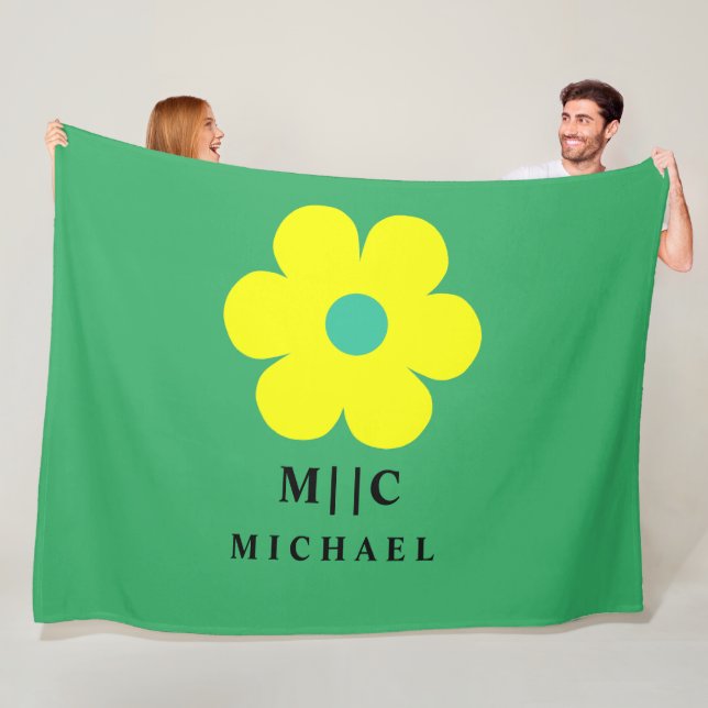 green and yellow simple modern monogram cute fleece blanket (In Situ)