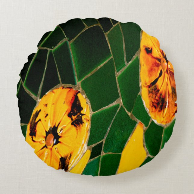 Green and Yellow Spanish Mosaic  Round Pillow (Front)