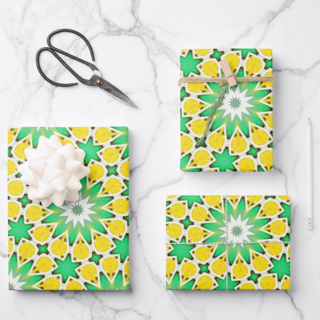 Green and Yellow Star Abstract Wrapping Paper Sheets (Front)