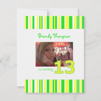 Green And Yellow Stripe 13th Birthday Invitation by SayItNow at Zazzle