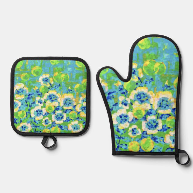 Green and Yellow Summer Oven Mitt & Pot Holder Set (Front)