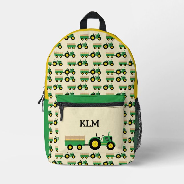 Green and Yellow Tractor Farm Monogram Printed Backpack (Front)