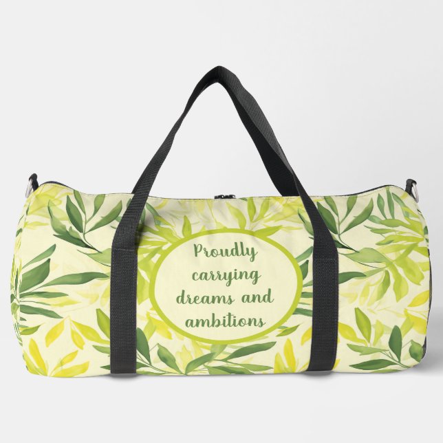Green and Yellow Watercolor Leaf Pattern Duffle Bag (Front)