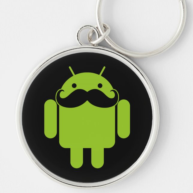 Green Android Robot Mustache on Black Keychain (Front)