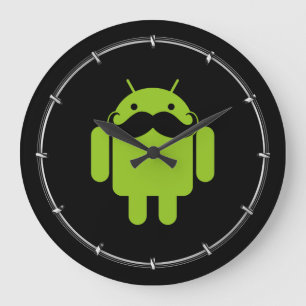 Green Android Robot Mustache on Black Large Clock