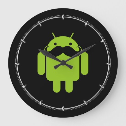 Green Android Robot Mustache on Black Large Clock