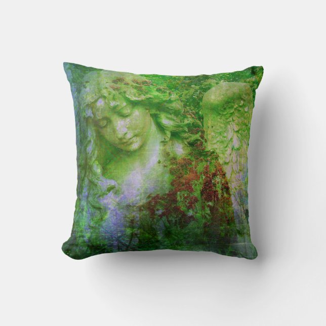 Green Angel Statue Fairy Garden Pillow (Front)