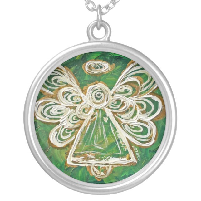 Green Angel Wings Silver Necklace Charm Pendant (Front)