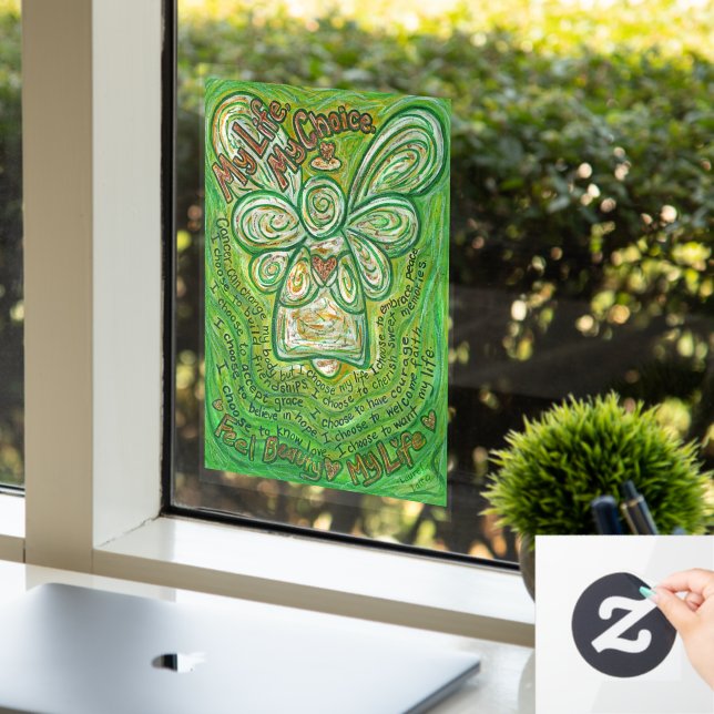 Green Angel with Cancer Poem Art Window Cling (Office)