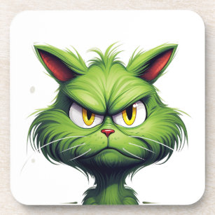 Green Angry Cat  Beverage Coaster