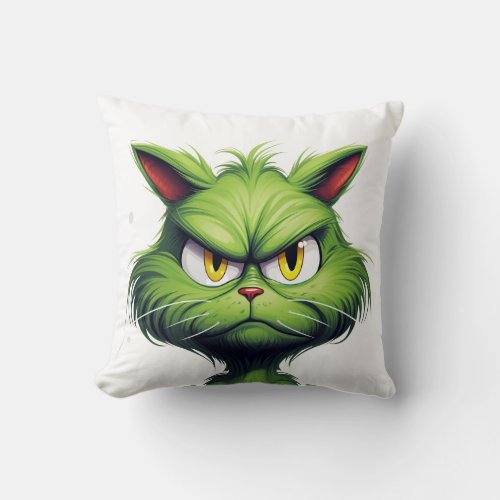 Green Angry Cat  Throw Pillow