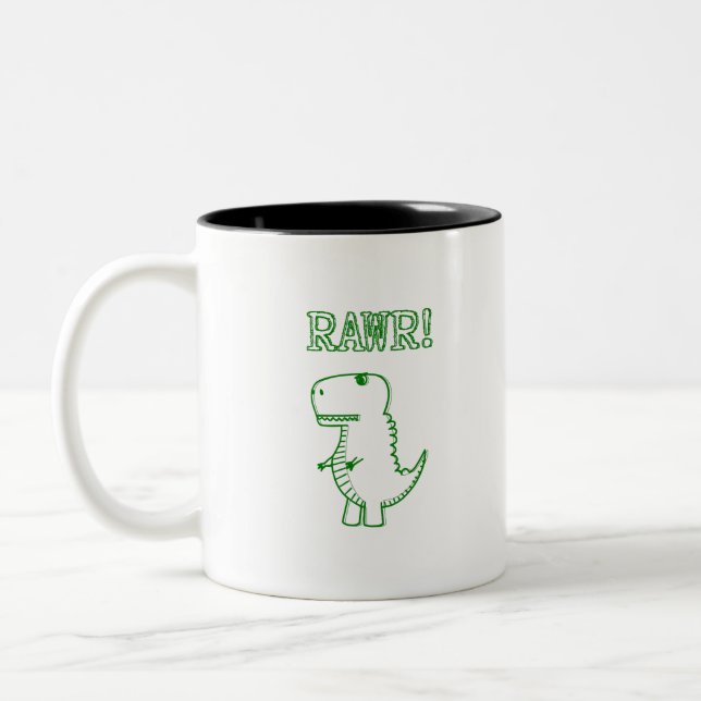 Green Angry T Rex Dino Two-Tone Coffee Mug (Left)
