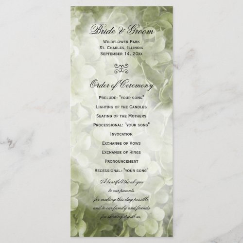 Green Annabelle Hydrangea Floral Wedding Program