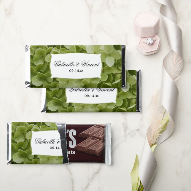 Green Annabelle Hydrangea Flowers Wedding  Hershey Bar Favors (Front)