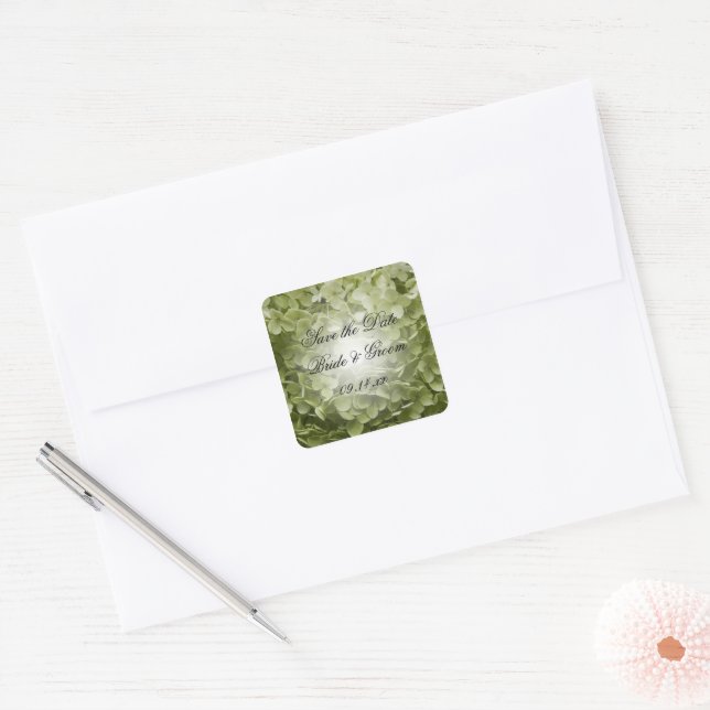Green Annabelle Hydrangea Wedding Save the Date Square Sticker (Envelope)