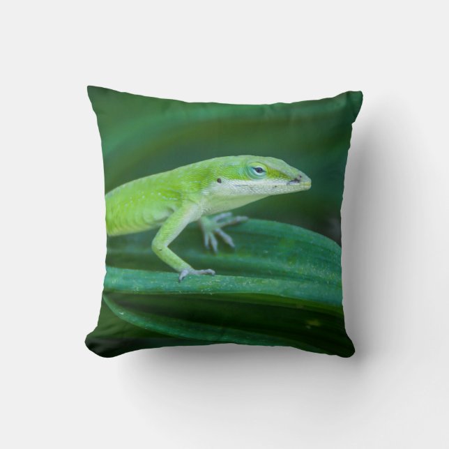 Green Anole Lizard Throw Pillow (Front)