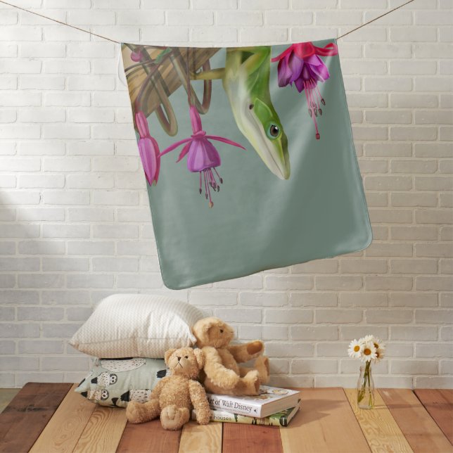 Green anole with Fuchsias  Baby Blanket (In Situ)