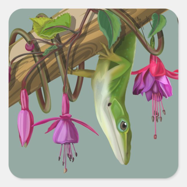 Green anole with Fuchsias  Square Sticker (Front)