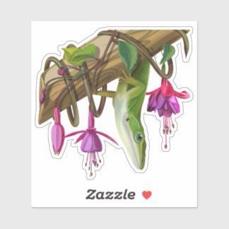Green anole with Fuchsias Sticker