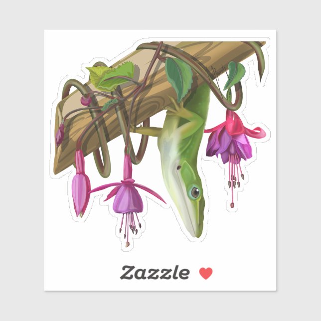 Green anole with Fuchsias  Sticker (Sheet)