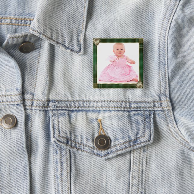 Green Antique Frame Custom Family Photo Pinback Button (In Situ)
