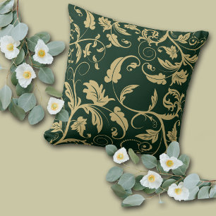 Green Antique Gold Retro Leaf Swirl Throw Pillow