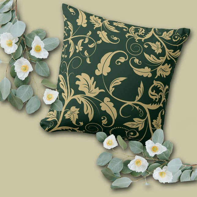 Green Antique Gold Retro Leaf Swirl Throw Pillow (Creator Uploaded)