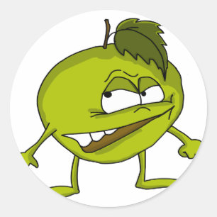 Green apple cartoon character with a vicious smile classic round sticker