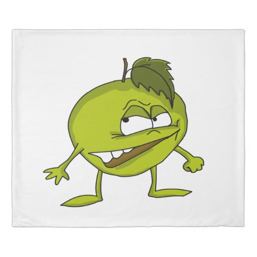 Green apple cartoon character with a vicious smile duvet cover