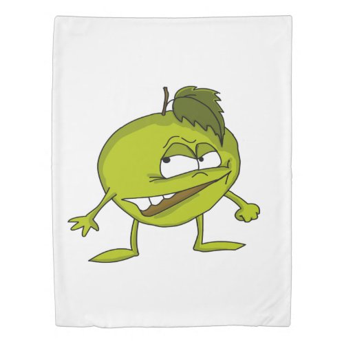 Green apple cartoon character with a vicious smile duvet cover