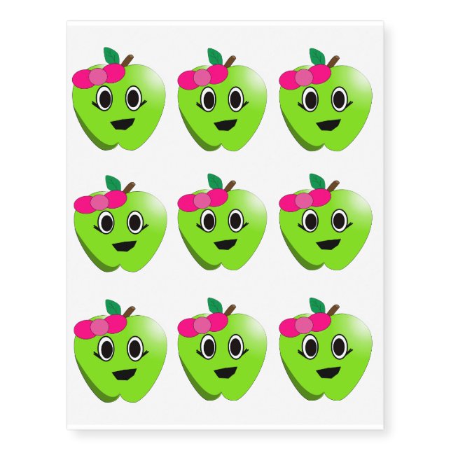 Green apple cartoon temporary tattoos (Front)