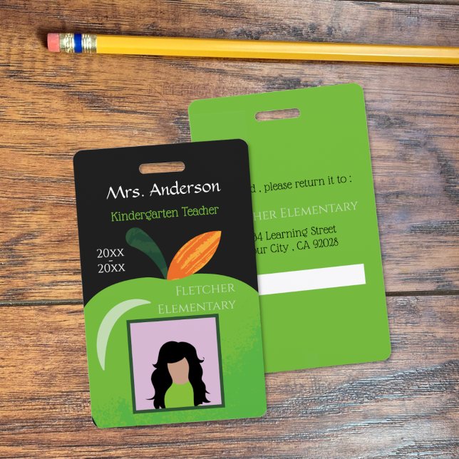 Green Apple Educator Black Vertical Photo ID Badge (Green apple educator black vertical photo ID badge .)