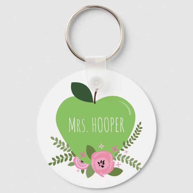 Green Apple Floral Teacher Keychain (Front)