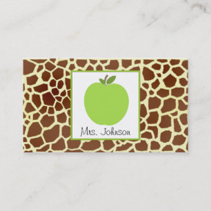 Green Apple Giraffe Print Teacher Business Card