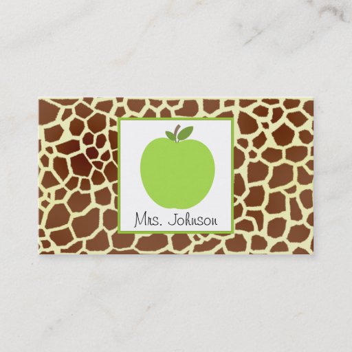 Customizable Green Apple Giraffe Print Teacher Business Card