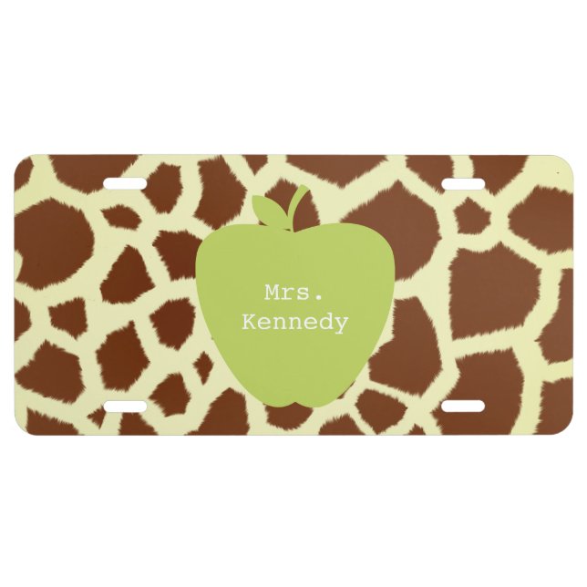 Green Apple Giraffe Teacher License Plate (Front)