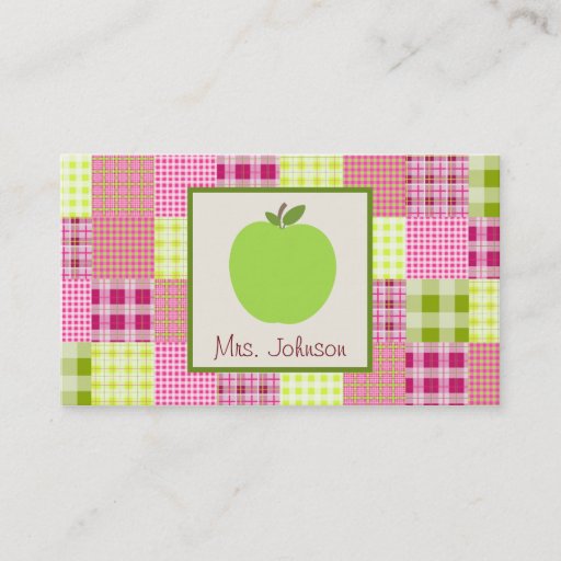 Customizable Green Apple &amp; Madras Inspired Plaid Teacher Business Cards