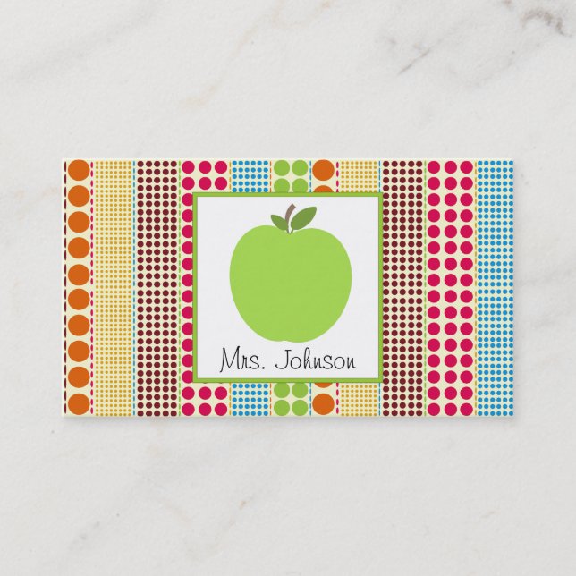 Green Apple Multicolor Polka Dots Teacher Business Card (Front)