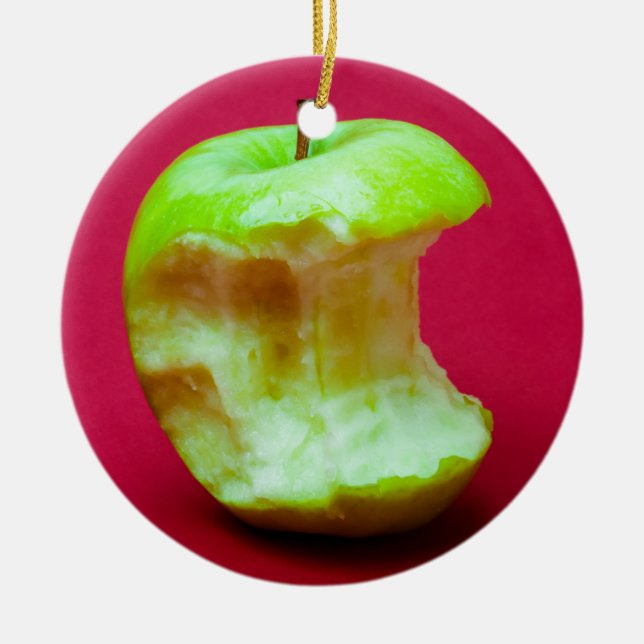 Green apple nibbled ceramic ornament (Front)