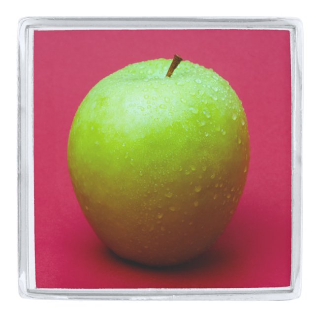 Green apple on red background silver finish lapel pin (Front)