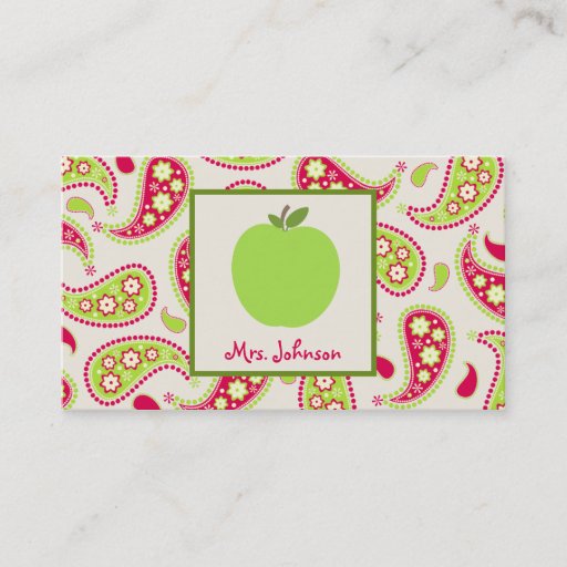 Customizable Green Apple &amp; Paisley Teacher Business Cards
