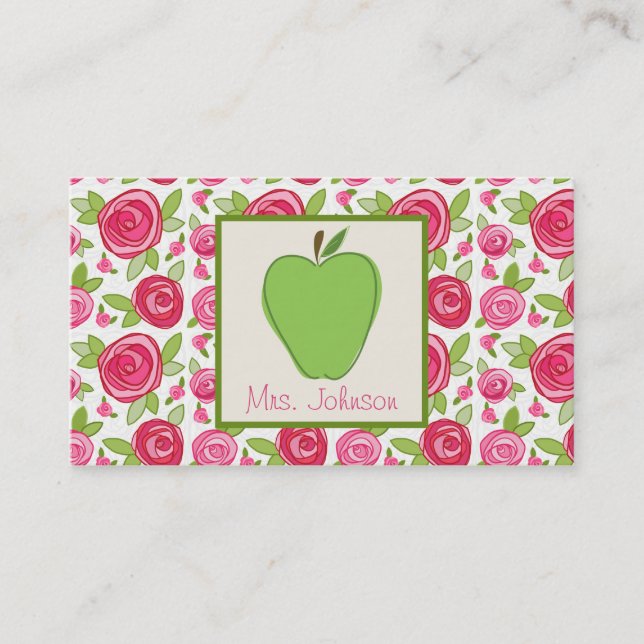 Green Apple & Pink Roses Teacher Business Card (Front)