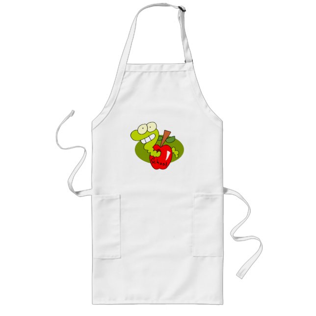 Green Apple Red Worm School Theme Long Apron (Front)