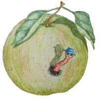 Green apple with funny maggot in hat illustration