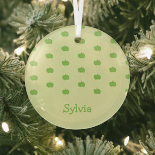 Green apples pattern monogram glass ornament
