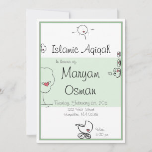 Green Aqiqah invitation with cute cartoon drawing