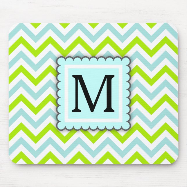 Green & Aqua Blue Chevron Custom Monogram Mouse Pad (Front)