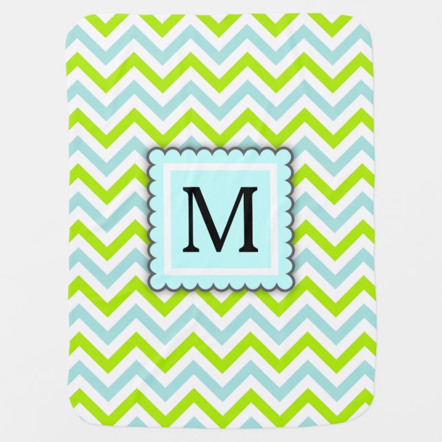 Green & Aqua Blue Chevron Custom Monogram Receiving Blanket (Front)