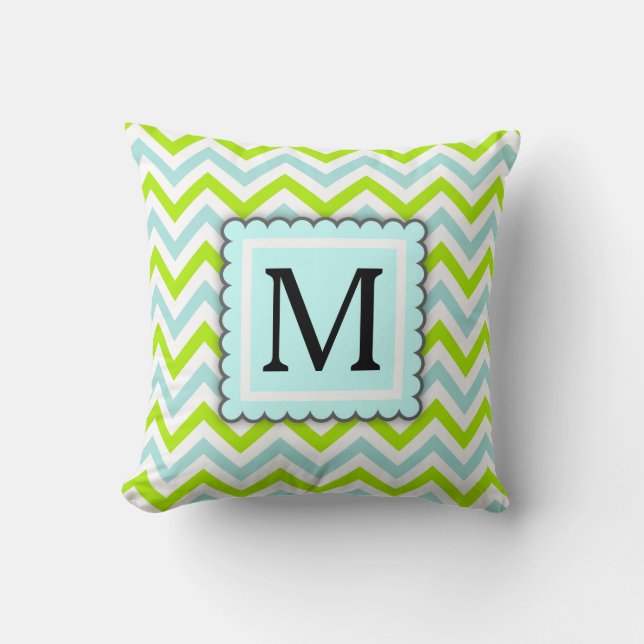 Green & Aqua Blue Chevron Custom Monogram Throw Pillow (Front)